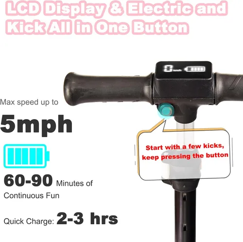 Vista 3 de Scooter eléctrico de 3 ruedas para niños de 3 a 8 años, pantalla LCD, luces coloridas, acelerador de pulgar confiable, 3 alturas ajustables