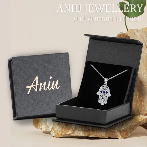Vista 50 de Aniu Joyería de plata de ley 925 Hamsa de Fátima para mujer con circonita cúbica, viene con caja de regalo negra