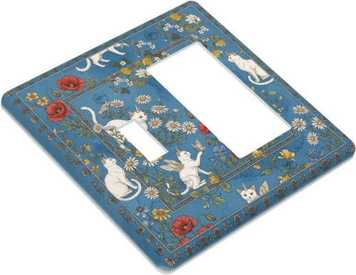 Vista 3 de Decorative Outlet Covers Blue Background White Cat Daisy Floral 2-Gang 1-Gang Wall Plate Single Toggle/Rocker Farmhouse Style Light Switch Covers