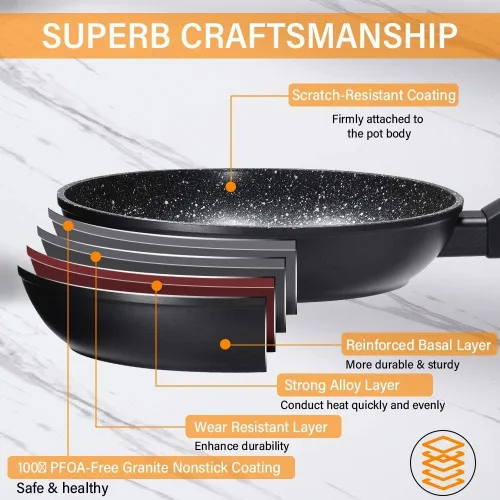 Vista 4 de CSK - Sartén antiadherente de 8 pulgadas con tapa, sartén antiadherente para huevos, sartén para tortilla con mango ergonómico y parte inferior
