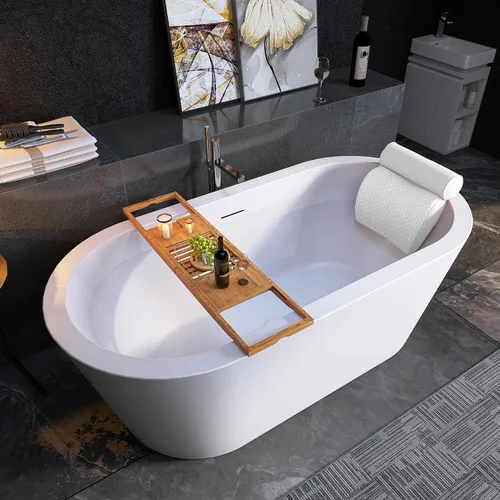 Vista 8 de Bañera independiente de 59", bañera independiente de acrílico puro, elegante bañera independiente contemporánea de remojo profundo, certificada cUPC