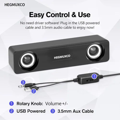 Vista 5 de [Usado] Altavoz estéreo con cable de 10 W, altavoces compactos para PC de escritorio, alimentación USB, entrada de audio de 0.138 in, barra