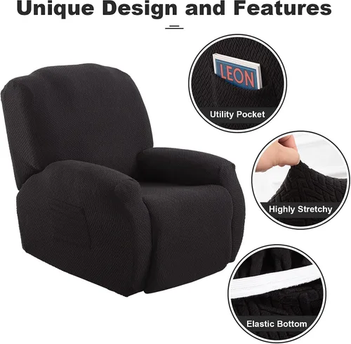 Vista 4 de ele ELEOPTION Fundas reclinables de 4 piezas con bolsillo lateral, antideslizante, ajustable, protector de muebles con parte inferior elástica Negro