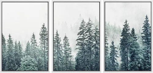 Vista 7 de SIGNWIN - 3 cuadros en lienzo enmarcados, modernos, elegantes, de textura de grano, pinos de montaña con niebla y naturaleza silvestre para sala