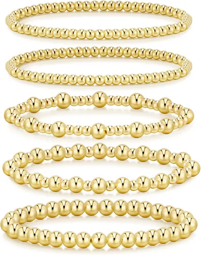 Vista 7 de adoyi - Pulseras de oro para mujer, impermeables, con cuentas de bolas chapadas en oro de 14K, pulseras ajustables apilables para regalos