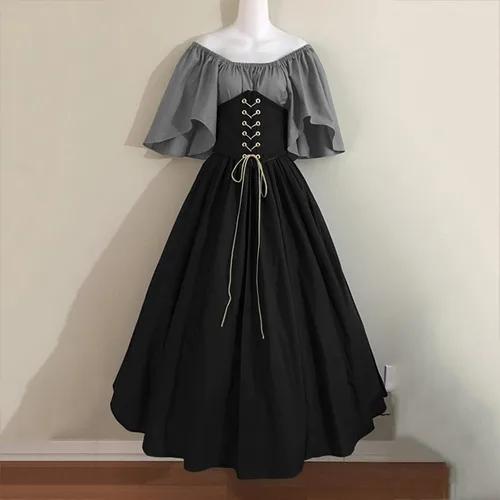 Vista 2 de SHOPESSA Disfraz medieval para mujer, vestido renacentista, vestido de baile de retazos, campesino, manga acampanada, vestido medieval con corsé