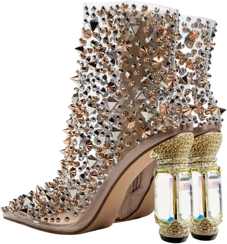 Vista 44 de FSJ Botas de tacón alto con punta puntiaguda para mujer, con tacón alto, con cremallera lateral brillante, estilo casual, para uso diario, zapatos