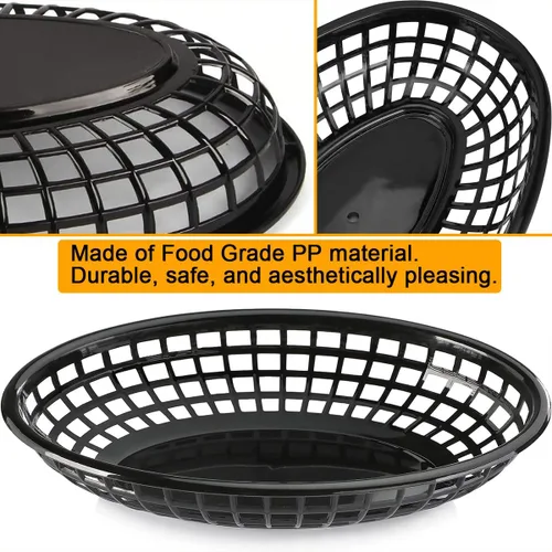 Vista 4 de Paquete de 50 cestas de plástico negro para alimentos de 9 x 5.7 pulgadas, ovaladas para freír comida rápida, cestas de plástico para perros