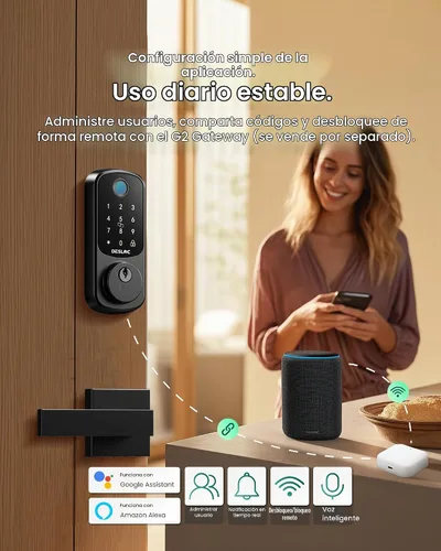 Vista 3 de DESLOC Cerradura de puerta inteligente de huella dactilar B200, cerrojo de Negro