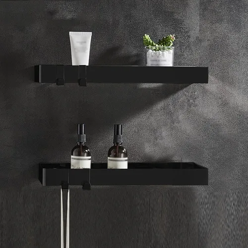 Vista 12 de Wallmounted Bathroom Shelf Floating Organizer with Hooks for Toiletries & Cosmetics 2Tier Black Rectangular Storage Rack for Shower & Kitchen