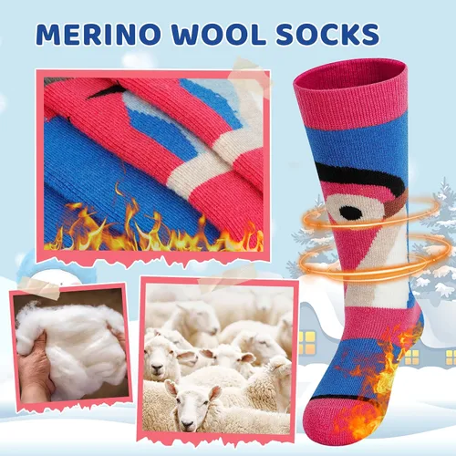 Vista 4 de Calcetines de esquí de lana merino para niños 2 pares, calcetines térmicos cálidos hasta la rodilla de invierno para snowboard y patinaje para niños