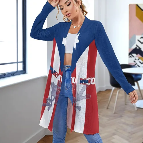 Vista 3 de Cárdigan de longitud media con bandera de Puerto Rico para mujer, talla S