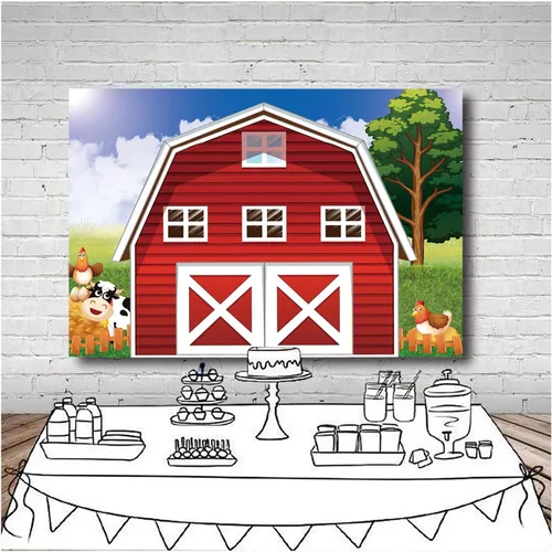 Vista 3 de Telón de fondo de fotografía de granja de dibujos animados de 7 x 5 pies, animales rústicos, granero rojo, fondo de fotos para niños, decoración