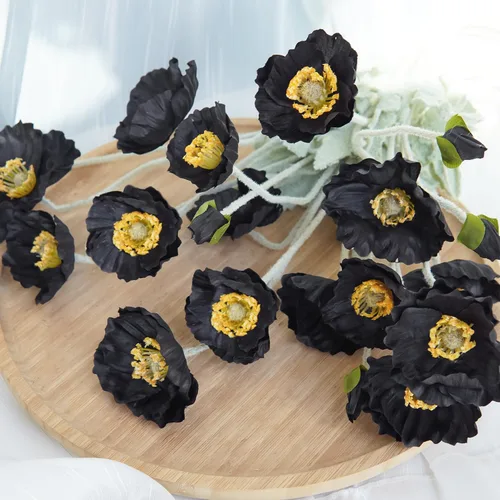 Vista 6 de Flores artificiales, 5 unidades, flores de amapolas, flores artificiales de seda para el hogar, oficina, boda, decoración al aire libre (negro)