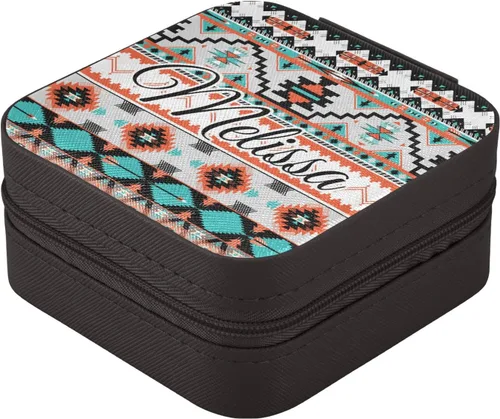 Vista 3 de Joyero de viaje personalizado con patrón azteca, de piel sintética, caja de joyería portátil personalizada, organizador de joyas de viaje, pequeña