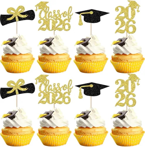Vista 39 de Paquete de 24 adornos para cupcakes de clase de 2026 con purpurina 2026 para diploma de graduación 2026, selecciones para cupcakes para graduación