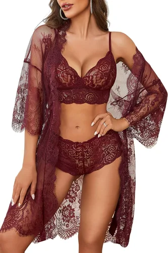 Vista 22 de Avidlove Conjunto de lencería de 3 piezas para mujer, bata de encaje Negro