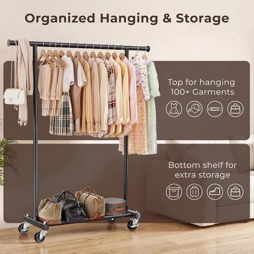 Vista 6 de Perchero para colgar ropa, 45 pulgadas de ancho, perchero de metal con ruedas, perchero portátil para dormitorio, lavandería, color negro