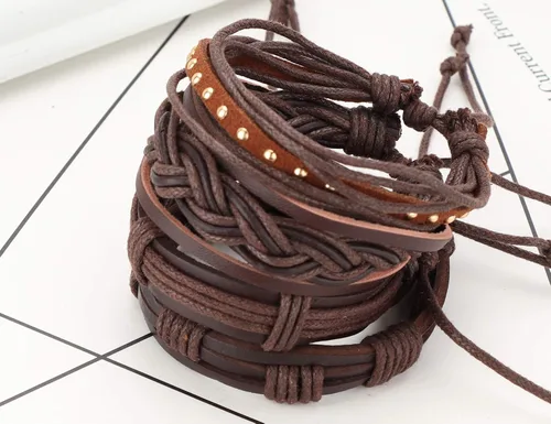 Vista 5 de Brazalete Jstyle de piel trenzada, ajustable, con cuentas de madera, envolvente, 17 unidades para hombre y mujer