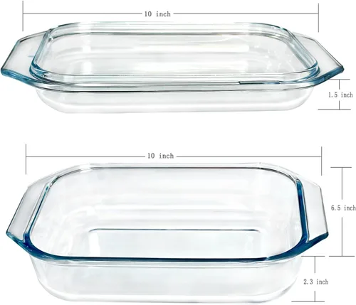 Vista 3 de Cacerola de vidrio templado de 1.4 cuartos de galón con tapa, cazuela rectangular de vidrio transparente con tapa de vidrio