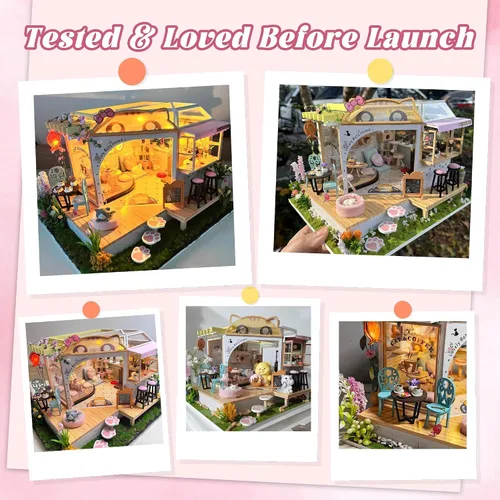 Vista 5 de Flever Kit de casa de muñecas en miniatura para bricolaje, habitación creativa con muebles para regalo romántico de San Valentín (Cat Cafe Garden)