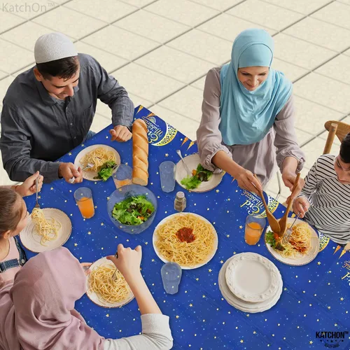 Vista 7 de KatchOn, Blue Eid Mubarak Mantel de 108 x 54 pulgadas, paquete de 3 manteles de Eid Mubarak para decoraciones de Eid para el hogar Decoraciones