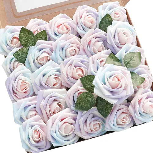 Vista 12 de Floroom Flores artificiales, 25 piezas de rosas falsas de espuma dorada antigua de aspecto real con tallos para ramos de boda DIY, centros de mesa