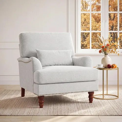 Vista 14 de Mid-Century - Silla decorativa moderna con almohada lumbar, color gris Chenille Gris Claro