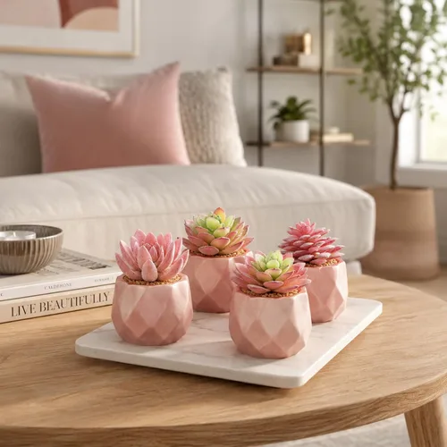 Vista 6 de Tiita Paquete de 4 Suculentas Artificiales Falsas en Macetas, Mini Plantas Falsas de Oro Rosa para Escritorio de Mujer, Pequeñas Suculentas Falsas
