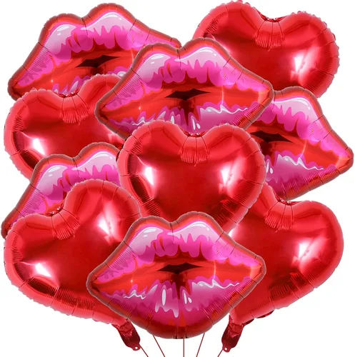 Vista 9 de Paquete de 10 globos grandes de labios rojos y rosados, globos de corazón para decoración de fiestas temáticas de maquillaje, aniversario, Kiss the