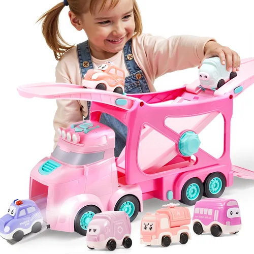 Vista 10 de Vroomix Camiones de Juguete Extra Grandes para Niños Pequeños, Camiones de Ciudad de 3 Niveles para Niños, Camión Transportador Grande 7 en 1