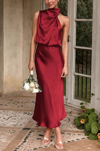 Vista 4 de PRETTYGARDEN Vestido de satén de verano 2024 para mujer, elegante, sin mangas, con cuello alto falso, para cóctel, fiesta, maxi vestidos