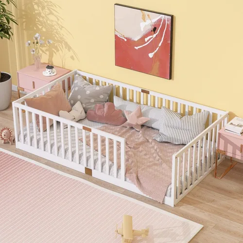 Vista 15 de Cama Montessori de madera tamaño matrimonial con valla de alta Blanco (White F)