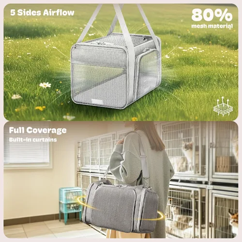 Vista 3 de Transportador de gatos extensible superior y de 2 lados de 17 x 11 x 11 pulgadas, aprobado por la aerolínea TSA, para perros medianos, transportador