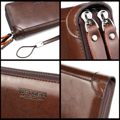 Vista 6 de Bolso de mano para hombre bolso de cuero genuino con cremallera cartera larga para negocios bolso de mano grande