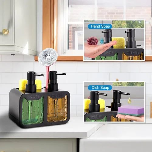 Vista 4 de Juego de dispensador de jabón de cocina, con jabón de manos y platos, organizador de esponja y soporte para cepillo 4 en 1, dispensador de jabón