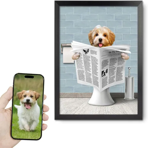 Vista 33 de kvtiwee retrato personalizado de mascota a partir de foto, arte de pared en lienzo de gato en el inodoro, arte de baño divertido en blanco y negro