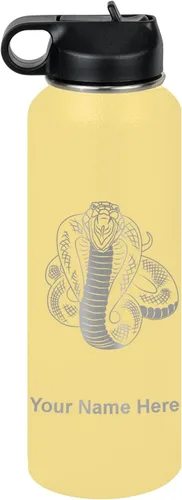 Vista 69 de LaserGram Botella de agua personalizada, serpiente de cobra, acero inoxidable de doble pared aislada al vacío con popote superior, regalo grabado