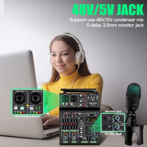 Vista 2 de Mezclador de audio profesional, consola de mezcla de 4 canales con micrófono inalámbrico dual, consola de placa de sonido MP3, Bluetooth, interfaz
