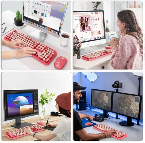 Vista 7 de Combo de teclado y ratón inalámbricos, teclado de máquina de escribir inalámbrico de tamaño completo de 2.4 GHz con teclas redondas para Windows