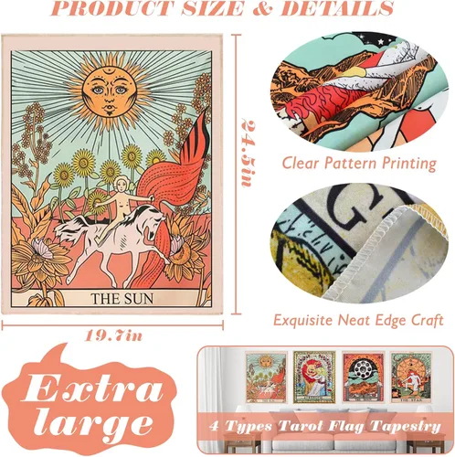 Vista 2 de ZeeDix Paquete de 4 Tapices de Cartas de Tarot para Colgar en la Pared, Lindo Arte Bohemio Hippie Espiritual con Sol y Luna, Estrellas, Fuerza