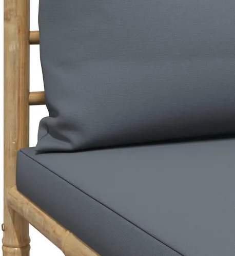 Vista 8 de vidaXL Juego de sala de patio de 3 piezas con elegantes cojines gris oscuro, muebles de exterior de bambú, sofá medio, reposapiés, mesa auxiliar