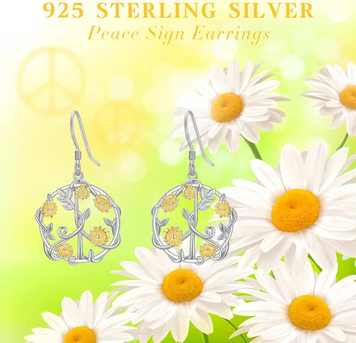 Vista 6 de Aretes de plata de ley 925 con diseño de margarita, para amantes de la paz, joyería para adolescentes y niñas, regalo de graduación, Plata de ley