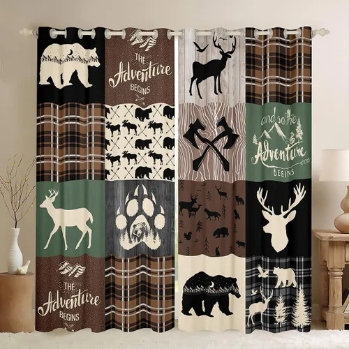Vista 14 de Cortinas rústicas retro de cabaña, cortinas opacas de oso ciervo, 38 pulgadas de ancho x 45 pulgadas de largo, 2 paneles, cortinas de caza