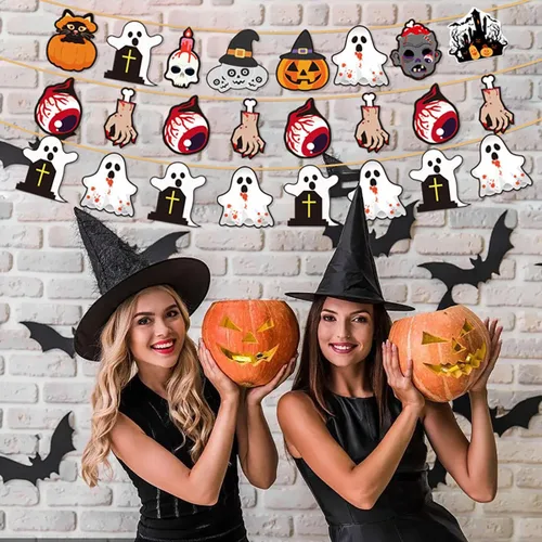 Vista 6 de Adornos de árbol de Halloween, colgantes colgantes de fantasma, diseño de impresión de doble cara, diseño de ojos, calavera, mano, calabaza, adornos