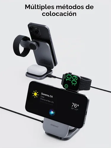Vista 6 de Estación de carga 3 en 1, soporte de carga inalámbrico plegable con certificación MagFusion Z de 15 W, compatible con MagSafe para iPhone gris
