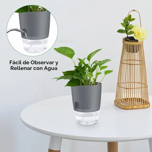 Vista 3 de ShineMe Macetas de Riego Automático, Macetas de 4.1 Pulgadas de Riego Automático para Plantas de Interior, Juego de 6 Macetas de Plástico para Gris