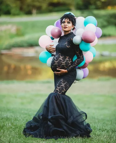 Vista 2 de ZIUMUDY Elegante vestido de maternidad transparente de encaje para sesión de fotos manga larga tul tutus vestido maxi de accesorios para fotos
