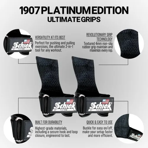 Vista 5 de Schiek Sports Model 1907 Platinum Edition Ultimate Grips - Correas de levantamiento de pesas 3 en 1, muñequeras y almohadillas de agarre, control