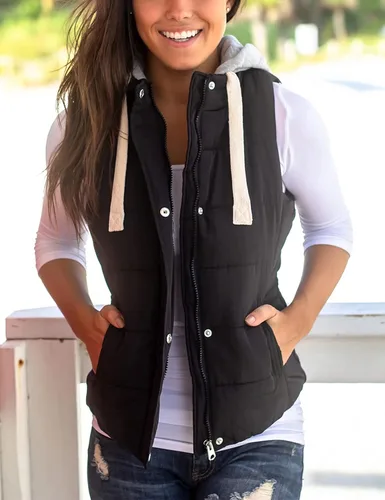 Vista 4 de Chaleco Yeokou acolchado para mujer, para invierno, con capucha extraíble, sin mangas y entallado